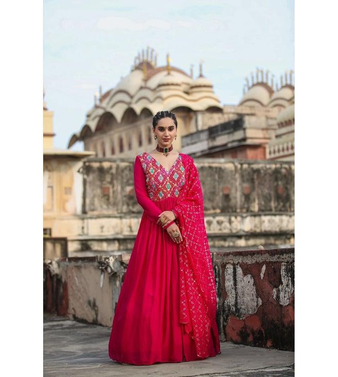 scakhi pink chinon silk bandhani & zari gown with organza embellished dupatta