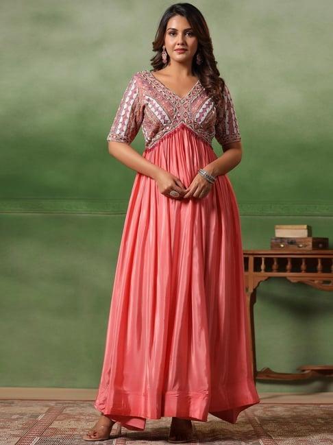 scakhi pink chinon silk solid embellished gathered gown