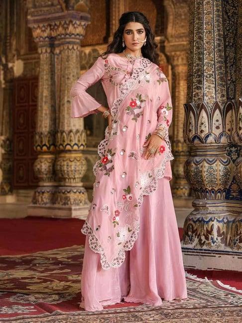 scakhi pink embroidered kurti palazzo set with dupatta