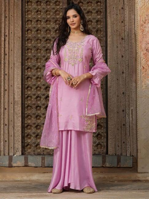 scakhi pink embroidered silk kurta with palazzos & dupatta