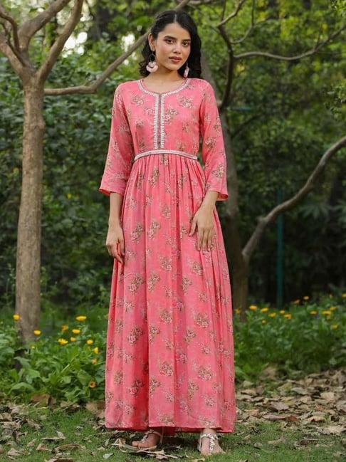 scakhi pink floral print maxi dress with belt