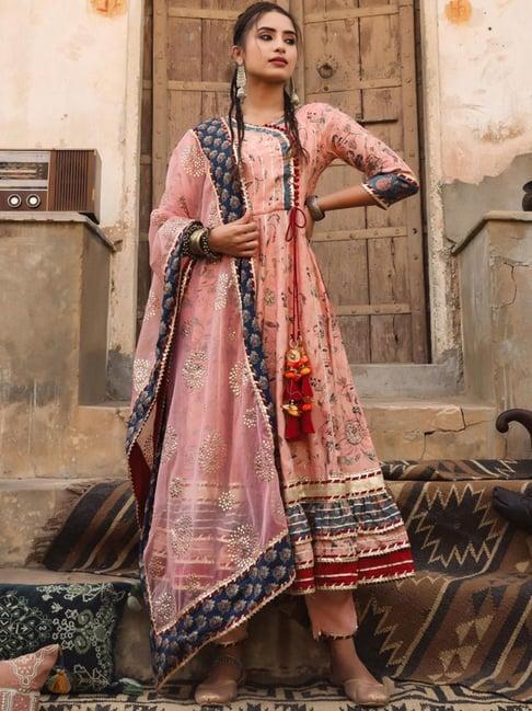 scakhi pink printed kurta pant set with dupatta