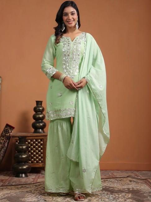 scakhi pista green cotton embellished kurti sharara set with dupatta