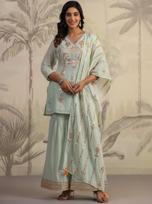 scakhi pista green cotton embroidered kurti sharara set with dupatta