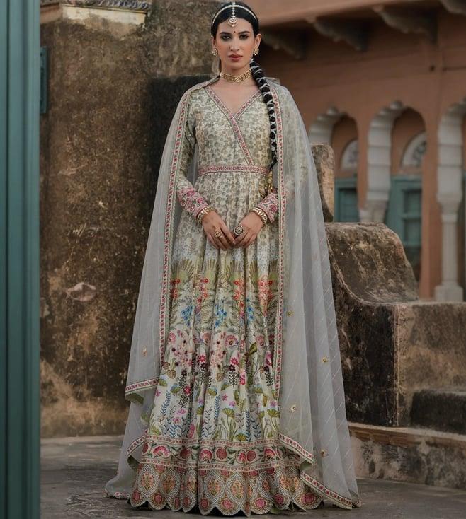 scakhi pistagreen raw silk peacock bagh gown with dupatta