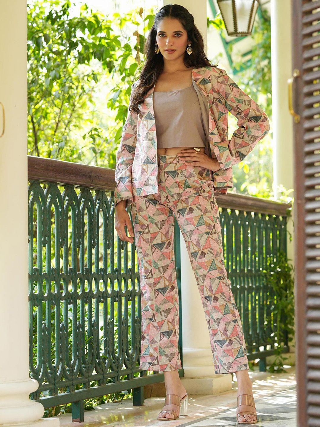 scakhi printed crop top & trouser with blazer co-ord set