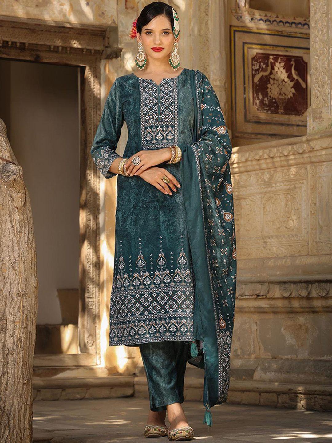 scakhi printed notched neck beads & stones velvet kurta with trousers & dupatta