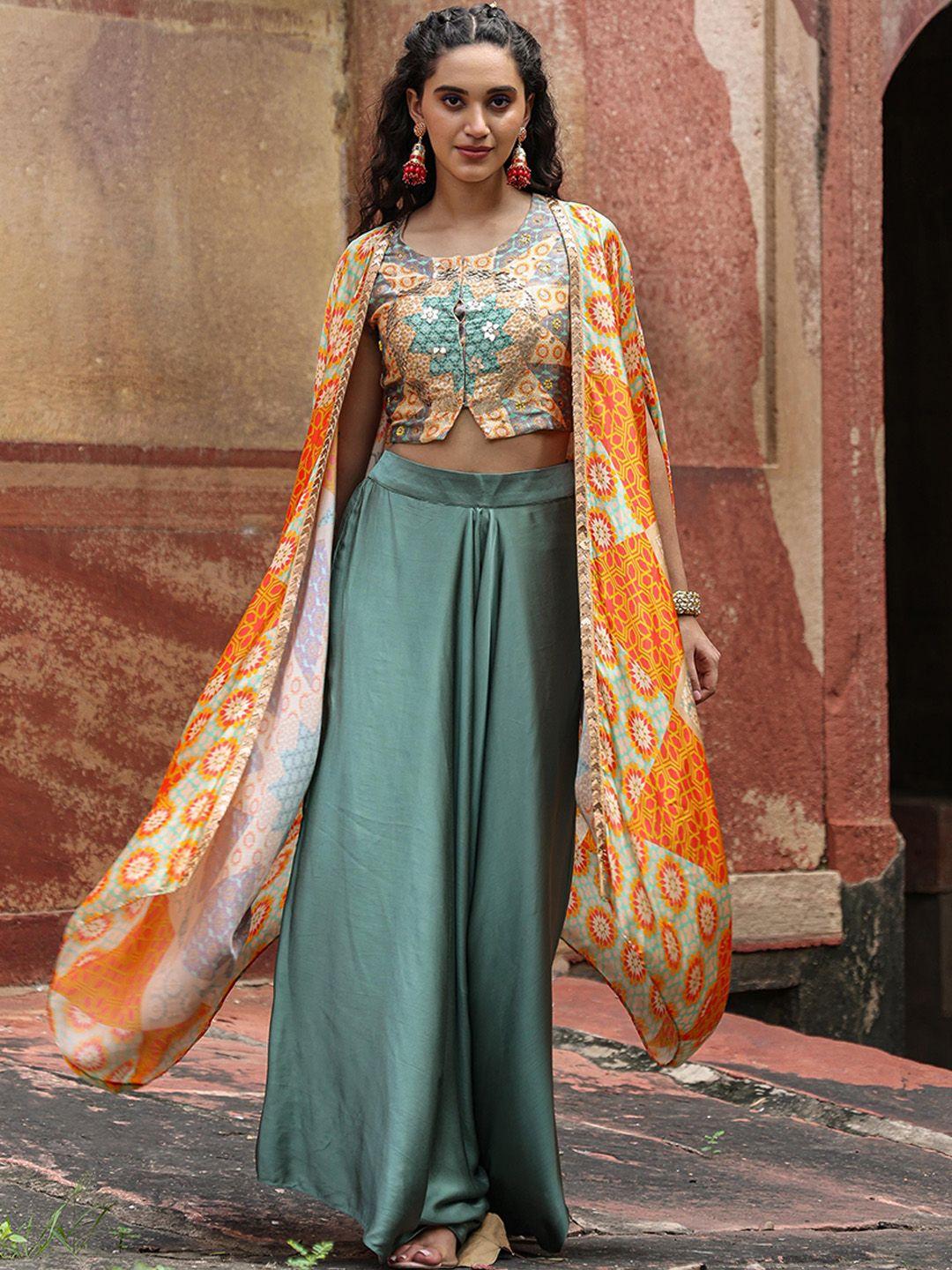 scakhi printed round-neck choli & embellished asymmetric cape with flared palazzo co-ords