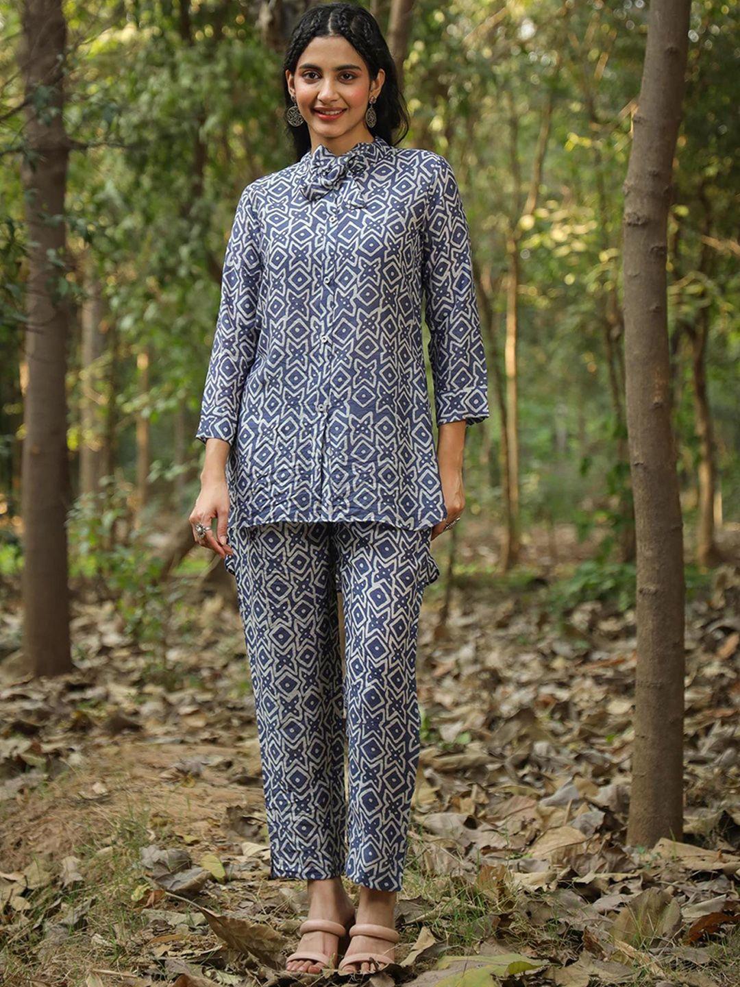 scakhi printed tie-up neck tunic with trousers co-ords