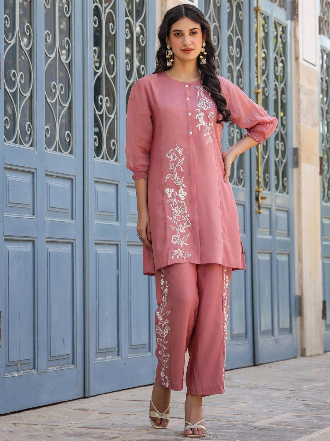 scakhi puffed sleeves thread work detail panelled straight kurta with trousers