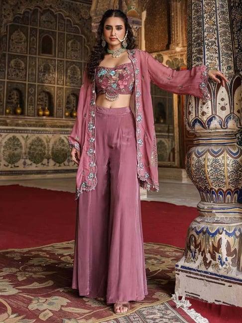 scakhi purple embroidered crop top palazzo set with cape