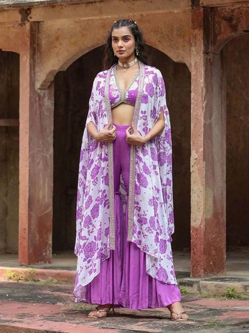 scakhi purple printed crop top sharara set with cape