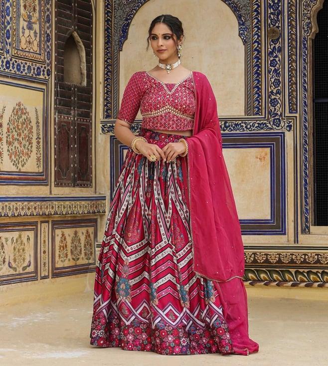 scakhi purple satin ajrakh print lehenga with choli and dupatta