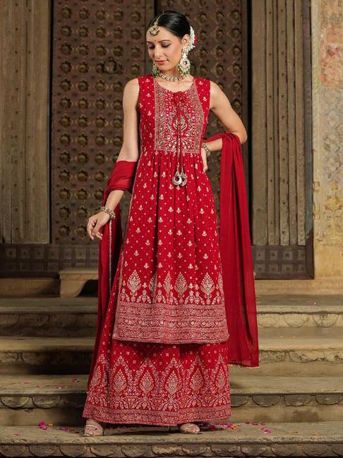 scakhi red embellished georgette kurta with palazzos & dupatta