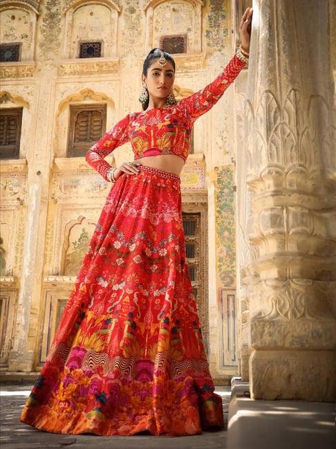 scakhi red embellished silk lehenga choli set