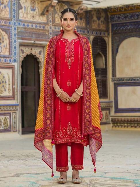 scakhi red embroidered kurta pant set with dupatta