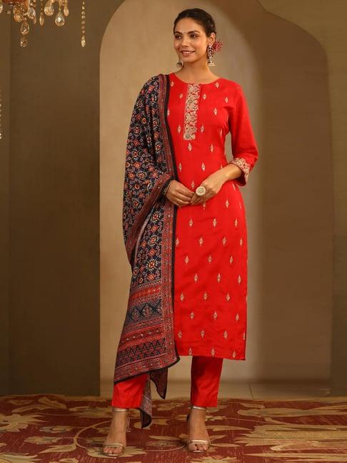 scakhi red embroidered kurta pant set with dupatta