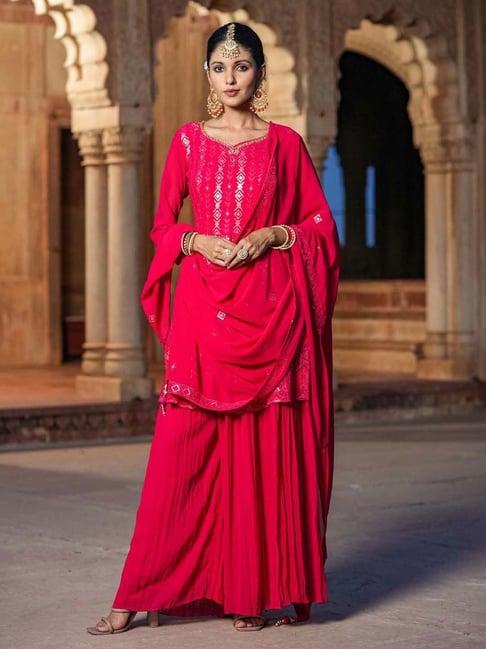 scakhi red embroidered kurti palazzo set with dupatta