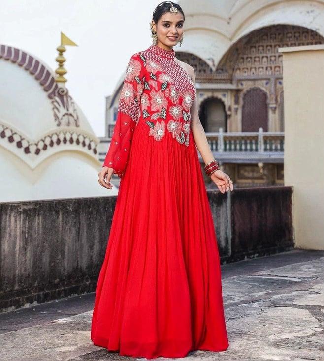 scakhi red georgette gathered party gown with applique and heavy embellishment