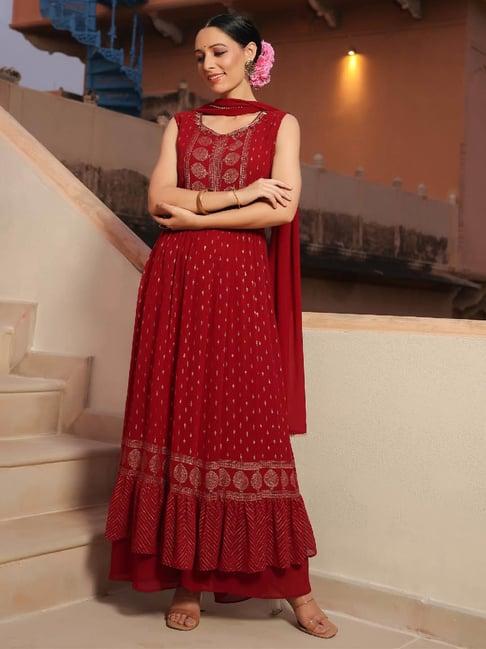 scakhi red printed georgette kurta with palazzos & dupatta