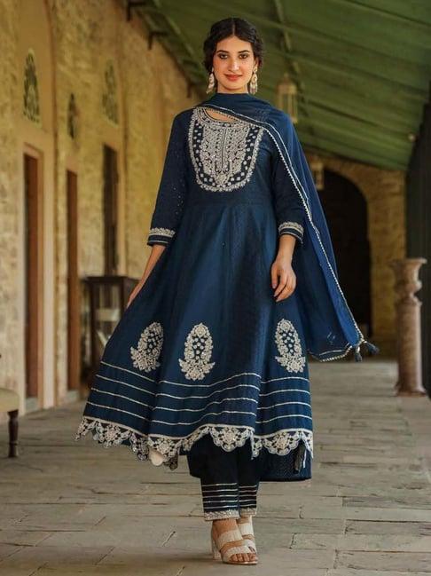 scakhi space blue cotton embroidered kurta pant set with dupatta