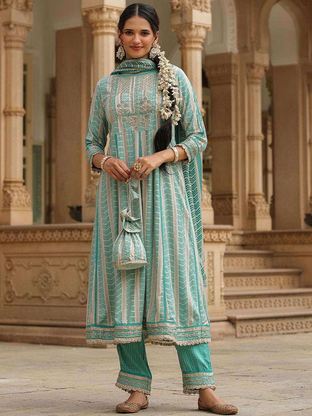 scakhi striped panelled thread work kurta with trousers & with dupatta