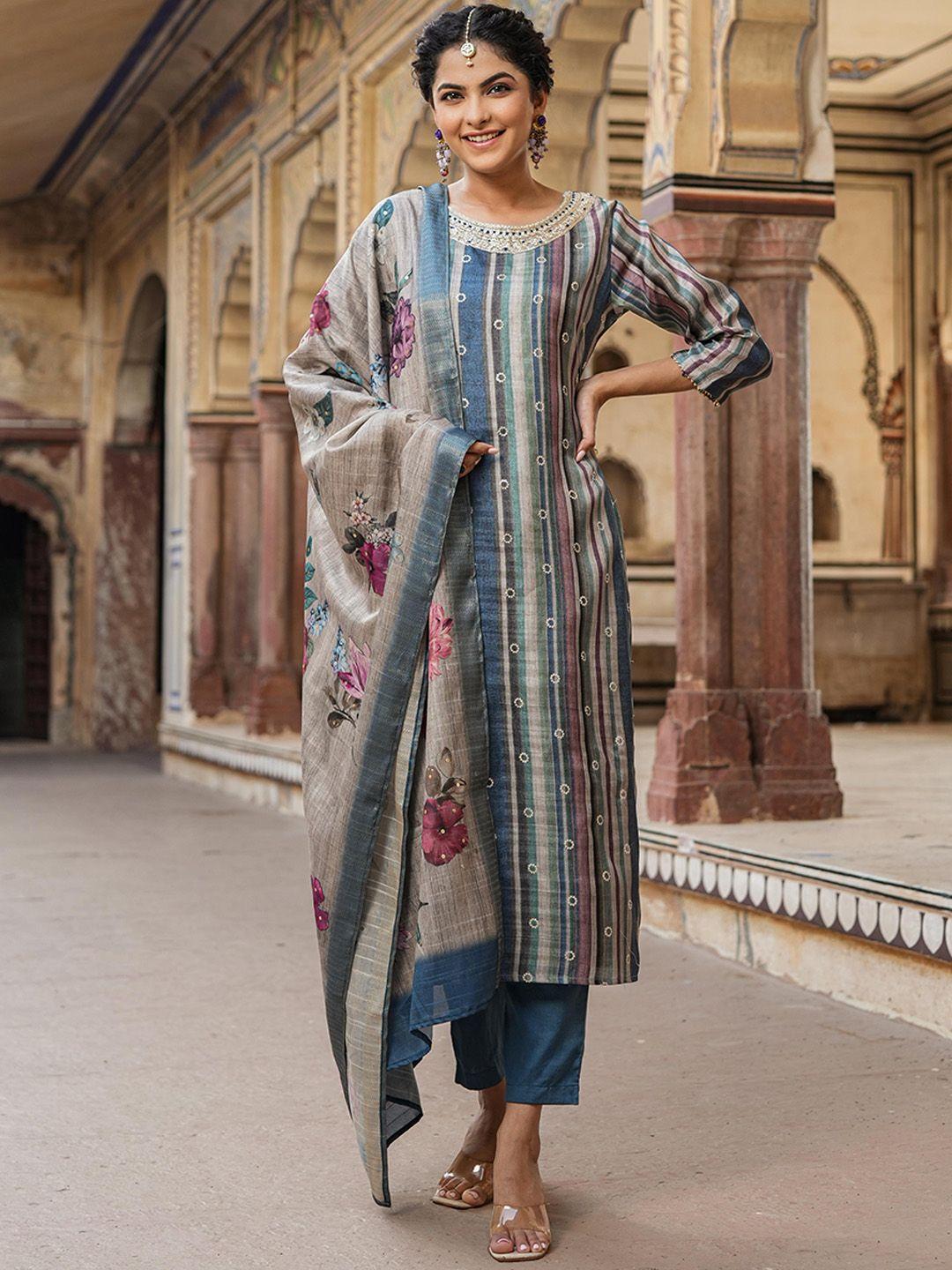 scakhi striped regular sequinned chanderi silk kurta with trousers & dupatta