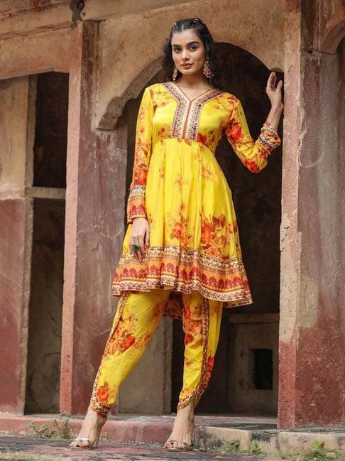 scakhi sunshine yellow printed kurti pant set