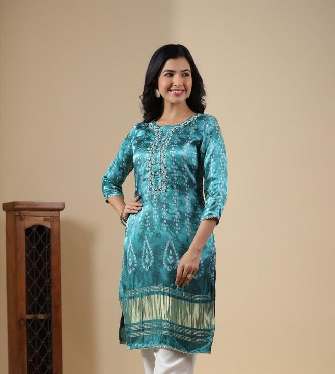 scakhi teal gaji silk printed kurta