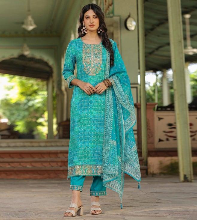 scakhi teal german rayon bandhani print kurta with palazzo and dupatta with potli