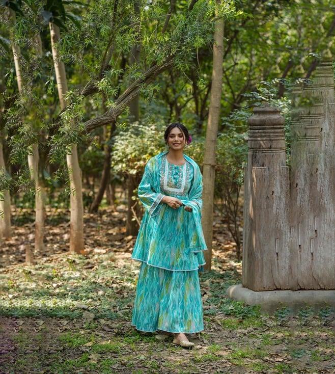 scakhi turquoise blue cotton ikat kurti with sharara and dupatta