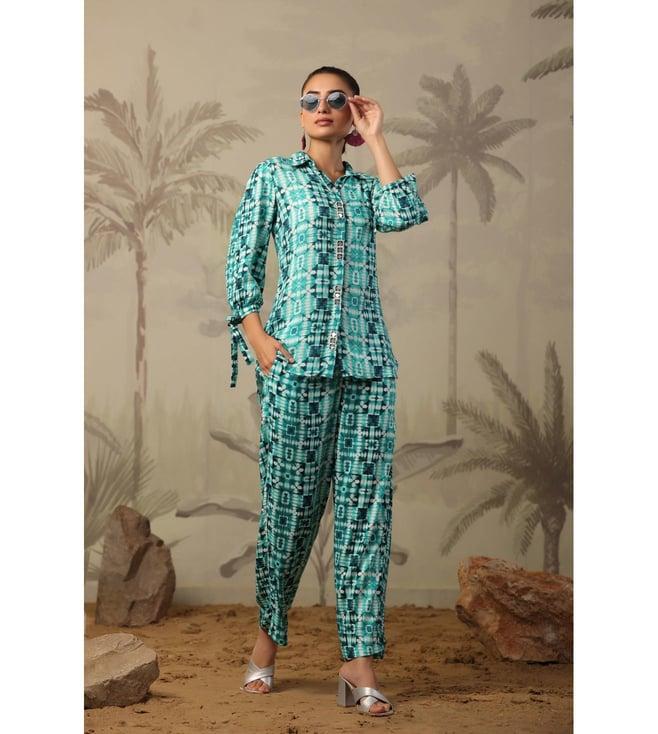 scakhi turquoise blue rayon shibori print top with pant co-ord set