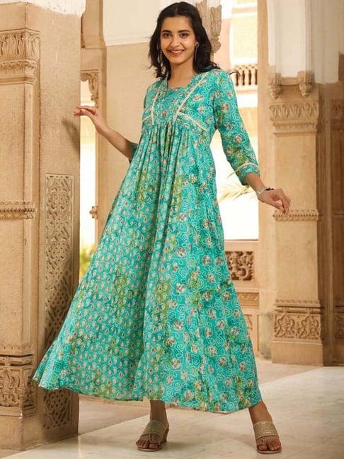 scakhi turquoise cotton printed empire-line dress