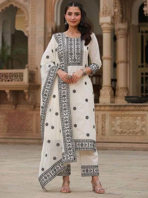 scakhi white cotton embroidered kurta palazzo set with dupatta