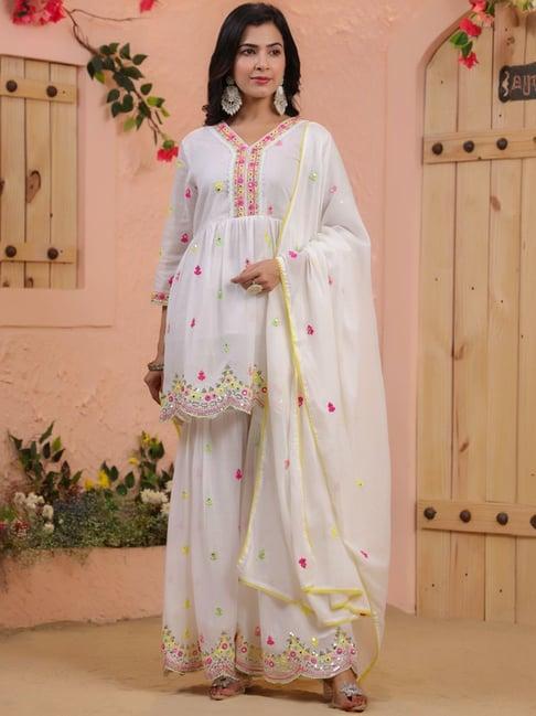 scakhi white cotton embroidered kurti sharara set with dupatta