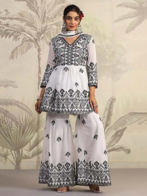 scakhi white cotton embroidered kurti sharara set with dupatta