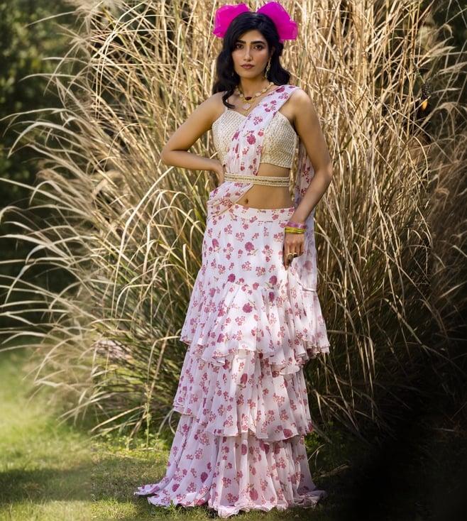 scakhi white cotton silk hand embroidered blouse with georgette floral print drape saree and cutdana belt