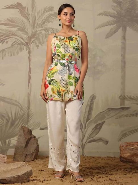 scakhi white floral print tunic pant set