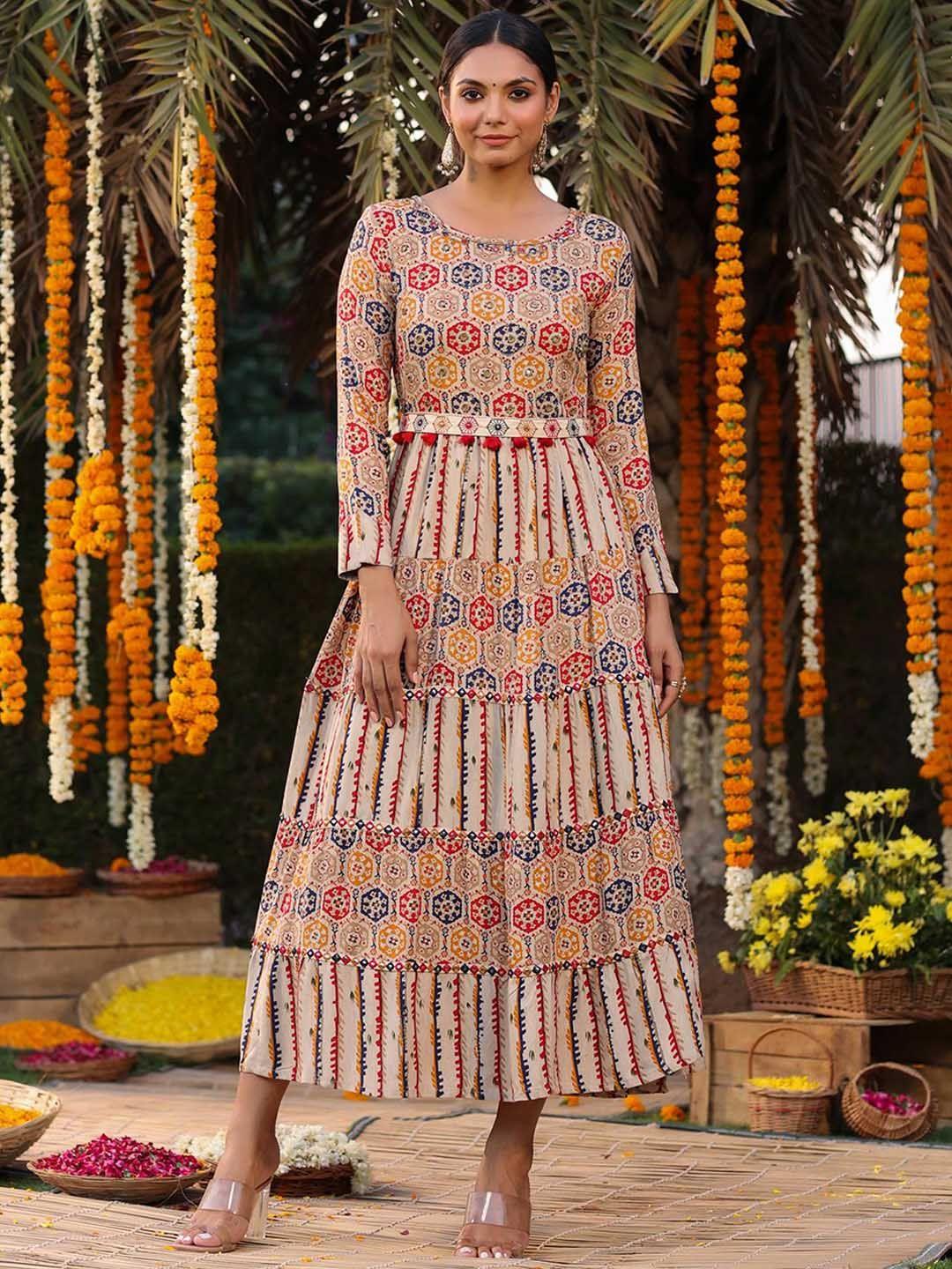 scakhi women beige ethnic motifs printed belted detail anarkali kurta