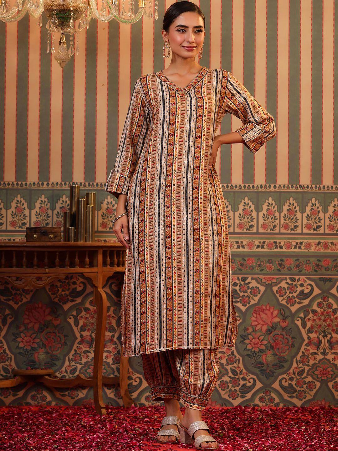 scakhi women beige ethnic motifs printed regular mirror work kurta with patiala