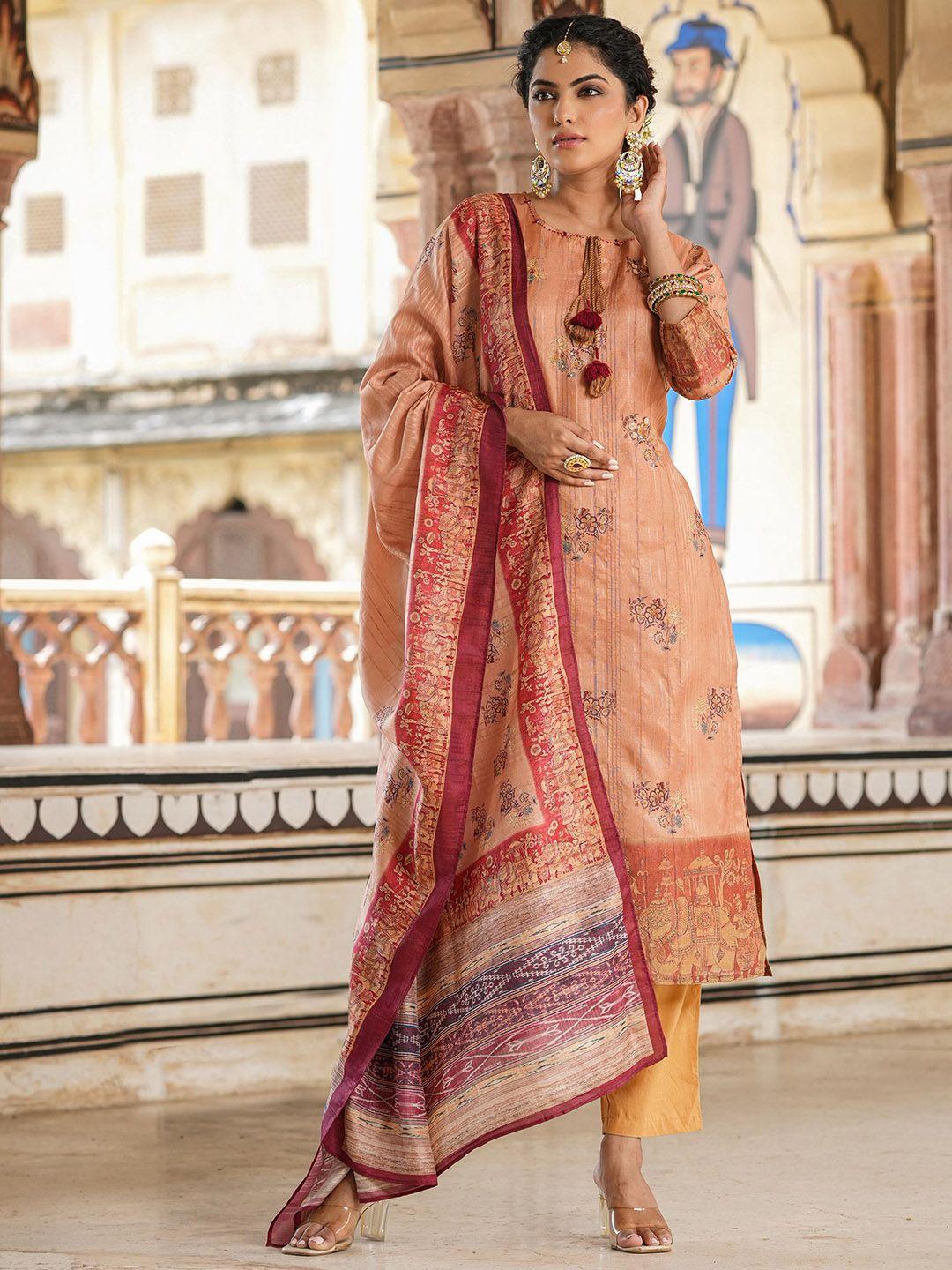 scakhi women beige floral printed regular mirror work kurta with trousers & with dupatta