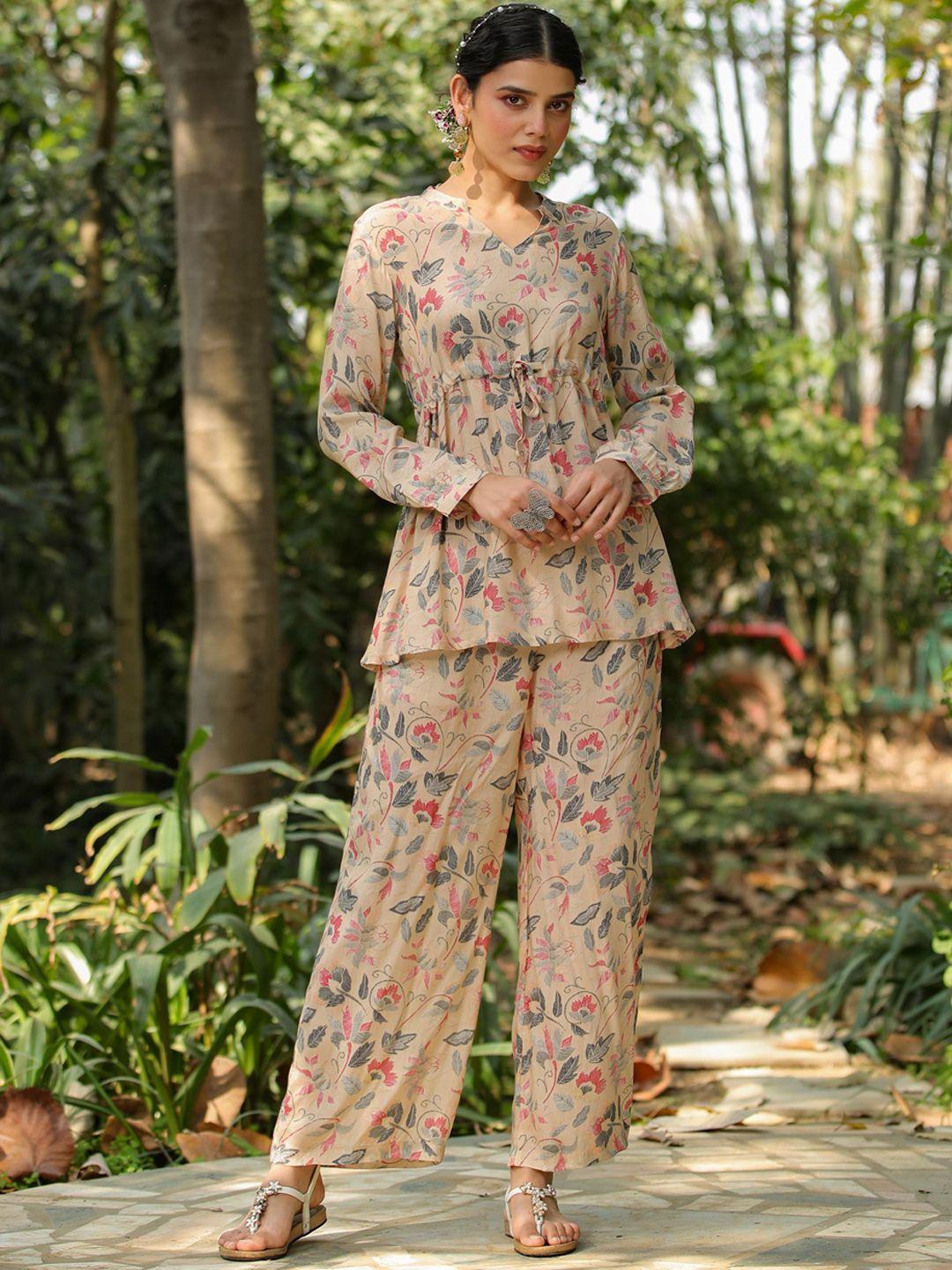 scakhi women beige printed tunic with palazzos