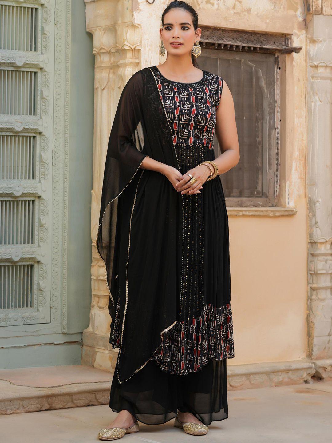scakhi women black ethnic motifs pleated sequinned kurta with palazzos & with dupatta