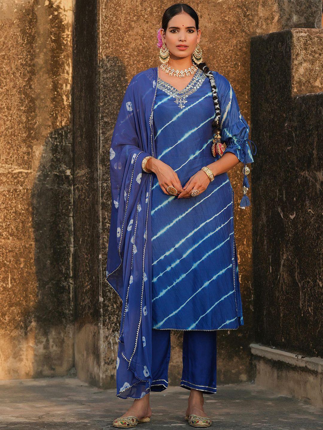scakhi women blue & white leheriya printed chanderi cotton kurta with trousers & dupatta