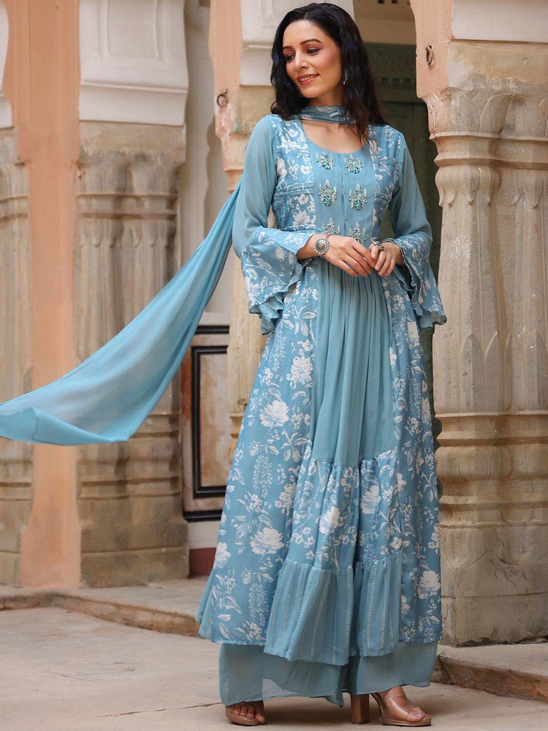 scakhi women blue floral printed pleated kurta with palazzo & with dupatta