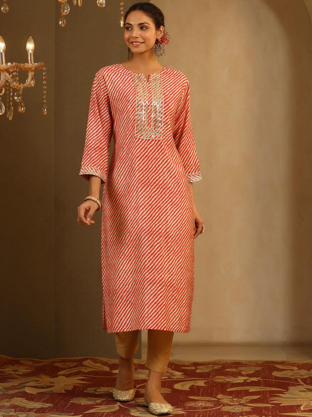 scakhi women coral & white leheriya printed & thread work kurta