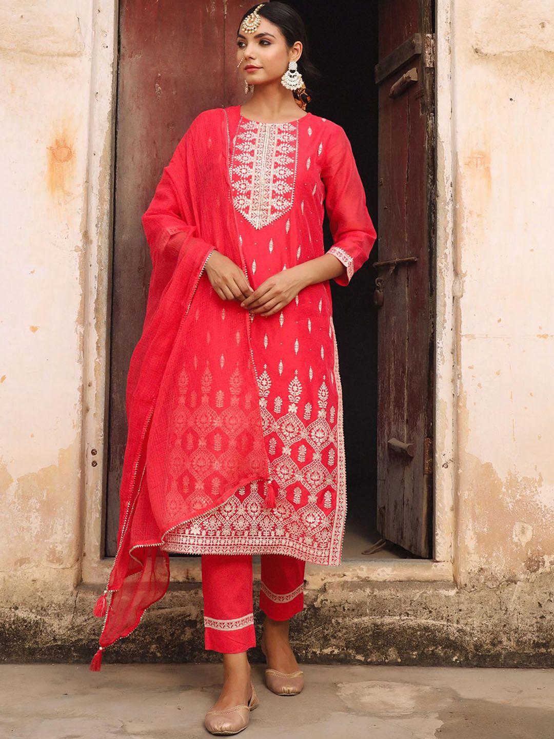 scakhi women ethnic motifs yoke design chanderi silk kurta with trousers & dupatta