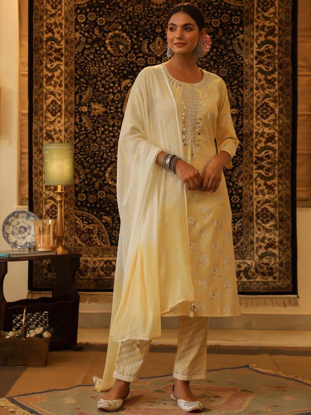 scakhi women floral printed mirror work pure cotton kurta with trousers & dupatta set