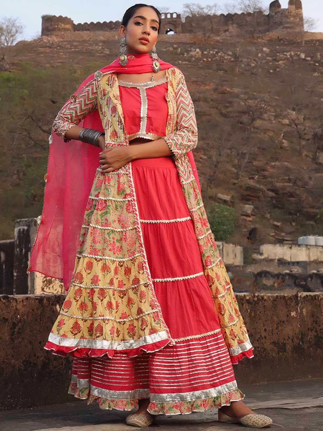 scakhi women floral printed tiered gotta patti pure cotton kurta with skirt & with dupatta