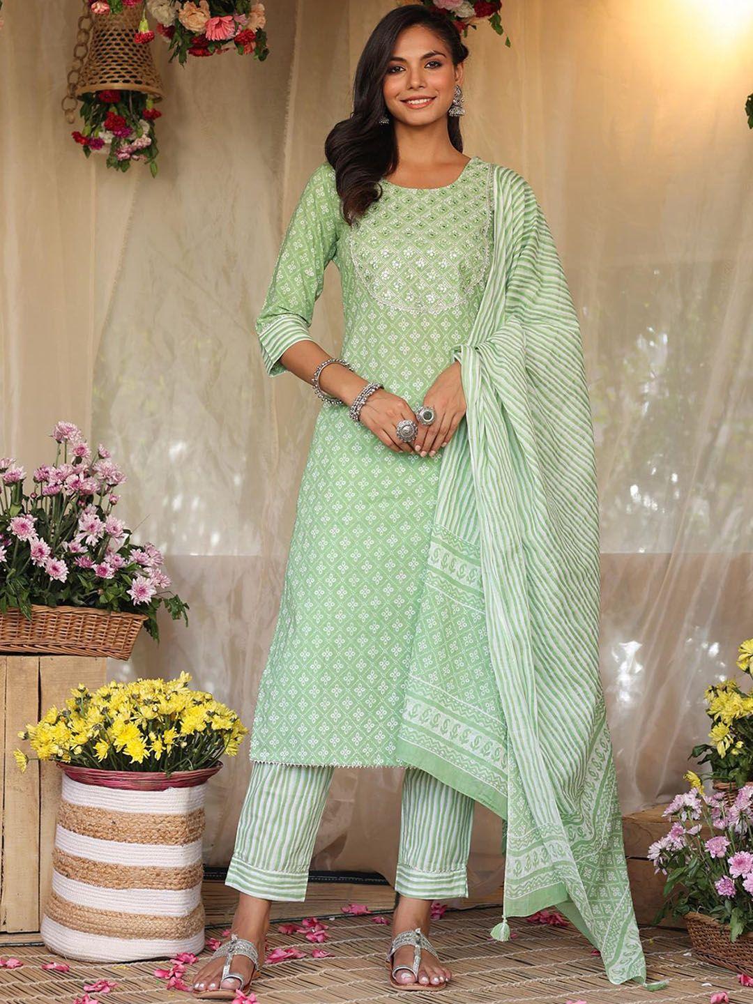 scakhi women green bandhani printed mirror work pure cotton kurta with trousers & with dupatta